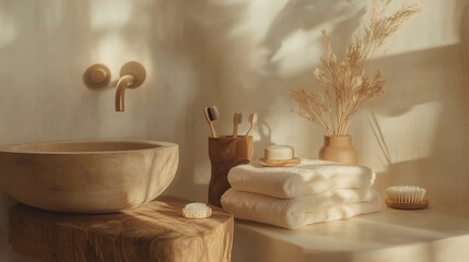 Cozy bathroom atmosphere with wooden accessories, dried flowers, and soft pastel-colored towels.