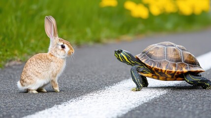 A motivational image: a rabbit looking confused as a determined turtle crosses the finish line first