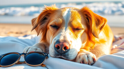 A relaxed dog basking in the warm sunlight, lying on a soft beach towel with its eyes half-closed