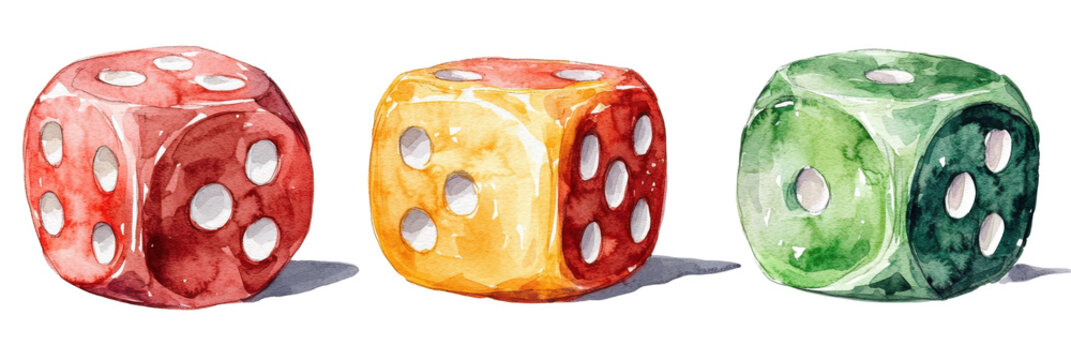 Watercolor dice art display creative studio colorful watercolor background artistic environment close-up view game concept
