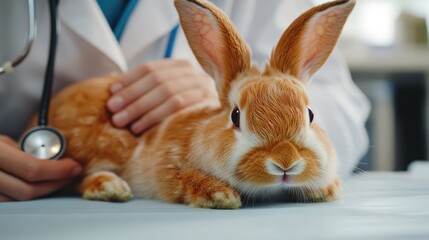 Obraz premium A peaceful rabbit lies on a veterinary table as a veterinarian checks its heartbeat with a stethoscope in a sterile clinic.