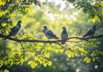 Obraz premium Birds Perched on a Branch Amidst Lush Green Foliage with Soft Dappled Light in the Background Creating a Serene Natural Scene