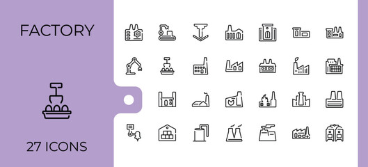 Factory icons set in linear style. Containing energy, equipment, warehouse, business, plan, mass, assembly and more. Icons for design. Editable stroke. Vector illustration.