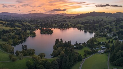 Vibrant Sunset Over Serene Lake and Lush Greens
