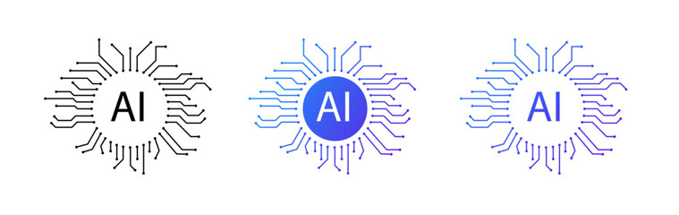 A modern minimalistic blue AI logo with a circular design and circuit patterns, symbolizing innovation, virtual networks, and futuristic technology for digital systems.