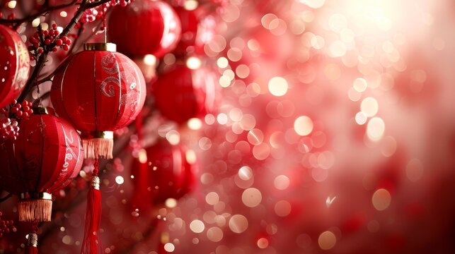 Vibrant chinese new year scene featuring red lanterns and soft sunlight with text space - Powered by Adobe