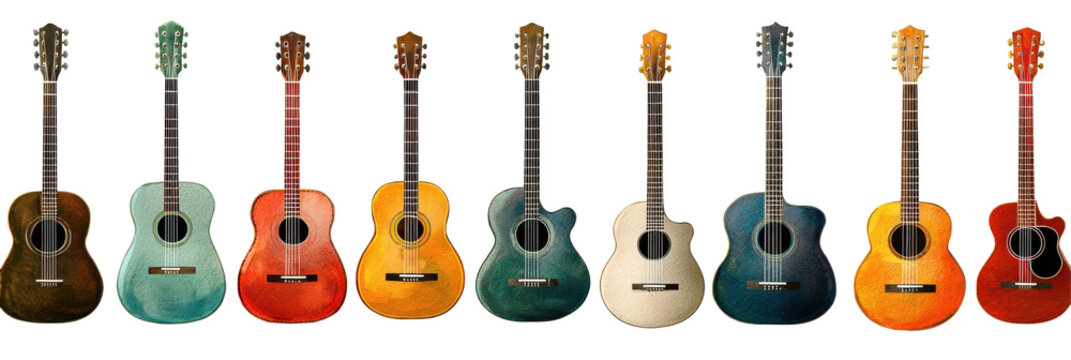 Colorful watercolor background of acoustic guitars displayed in a concert setting