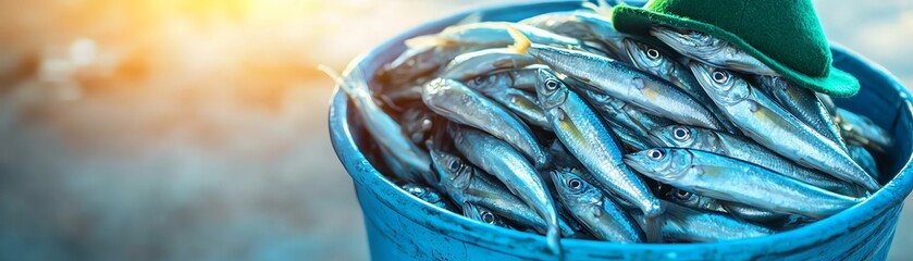 Obraz premium A vibrant bucket filled with fresh fish, ready for market or culinary preparation, showcasing the bounty of the sea.
