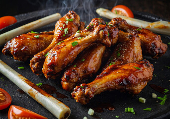 Naklejka premium Spicy Glazed Chicken Wings with Fresh Herbs Garnish