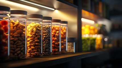 A vibrant display of assorted nuts and dried fruits in glass jars, neatly arranged on a modern shelf, creating an inviting atmosphere.