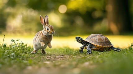 A rabbit hopping excitedly while a slow-moving turtle inches forward on a grassy track.