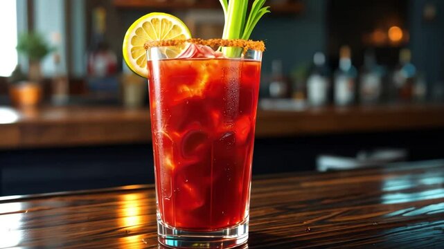 Bloody Mary cocktail in a bar with lemon and celery garnish