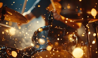 Drummer performing on stage, sparks fly, concert