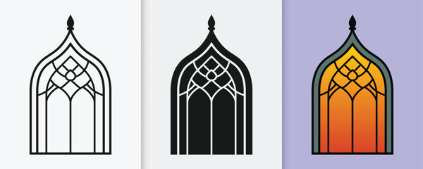 Islamic window outline and silhouette icon set with isolated flat vector illustration for eid celebration