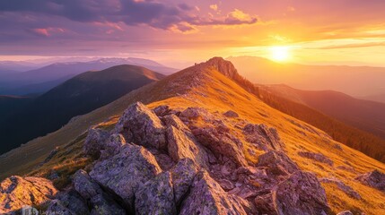 Obraz premium The Mountain Ridge Landscape At Golden Hour Sunset Sky