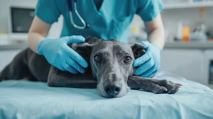 A relaxed greyhound is calmly examined on an operating table by a veterinarian checking for any joint issues.