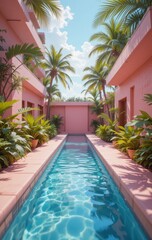Serene Pink Building Tropical Poolside Paradise Calm Waters and Lush Greenery