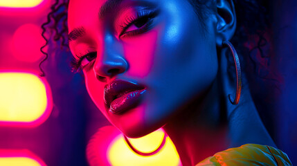 Neon Portrait: Woman illuminated by vibrant pink and blue lights, highlighted makeup, and stylish jewelry.  