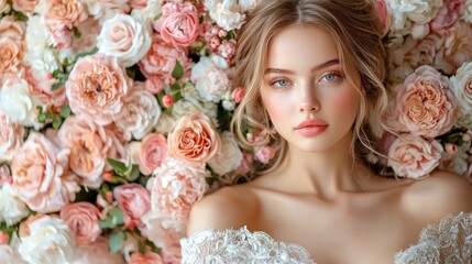 Naklejka premium Beautiful blonde woman lying on a bed of pink roses, looking at the camera.