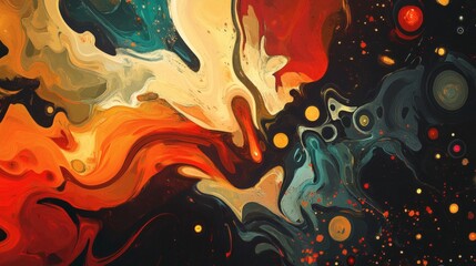 A colorful abstract artwork showing swirling paint and shapes on canvas