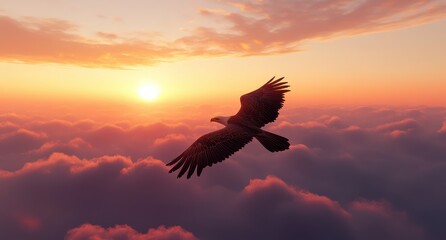 Majestic Eagle Gliding Through Colorful Sunset Sky Above Soft Clouds with Beautiful Warm Tones and Serene Atmosphere Captured in Stunning Flight