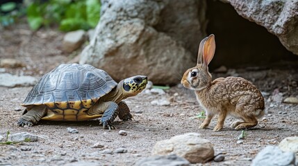 A slow but steady turtle crawling towards the finish line while a tired rabbit watches from the side.