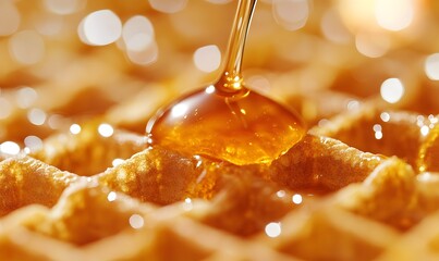 Golden honey drizzle on warm waffles creates delicious breakfast scenes