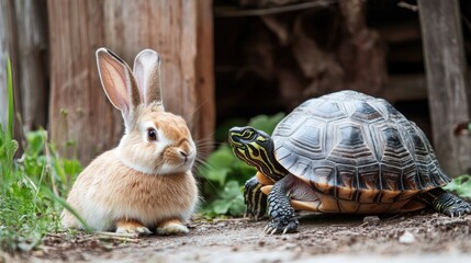 A sports-themed motivational shot: a rabbit resting mid-race while a determined turtle keeps moving. --chaos 12 --ar 16:9 --v 6.1 Job ID: cc93c879-e0dd-4a53-aa02-028e065537c6