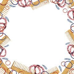 Watercolor illustrations of hairpins and hair items. Hand-drawn set of isolated clip art frame on a white background. Bright and stylish pictures of realistic hairpins and hair care devices for