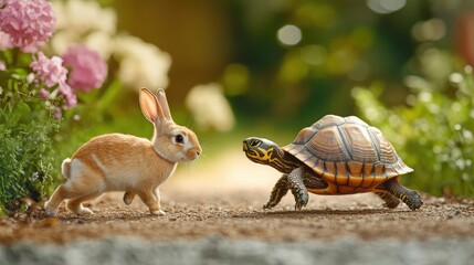 A symbolic road to success with a rabbit and a turtle moving at different paces along a path.