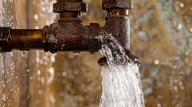 Urgent plumbing repair needed as high pressure water bursts from a ruptured pipe, causing damage