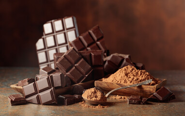 Broken bitter chocolate bar and cocoa powder.
