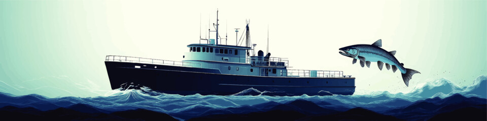 Naklejka premium Dynamic Vector Art of a Fishing Boat Navigating Ocean Waves with a Leaping Fish, Showcasing Marine Life and Nautical Adventure Environment in Blue Tones