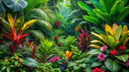 Dense foliage of exotic jungle bush with vibrant green leaves and colorful flowers