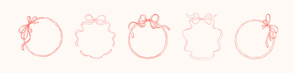 Set of circle bow ribbon borders. Hand drawn coquettish vector illustration. Valentines day, bachelorette, birthday, Christmas, wedding invitation. Italian la dolce vita stile. Minimalist drawing