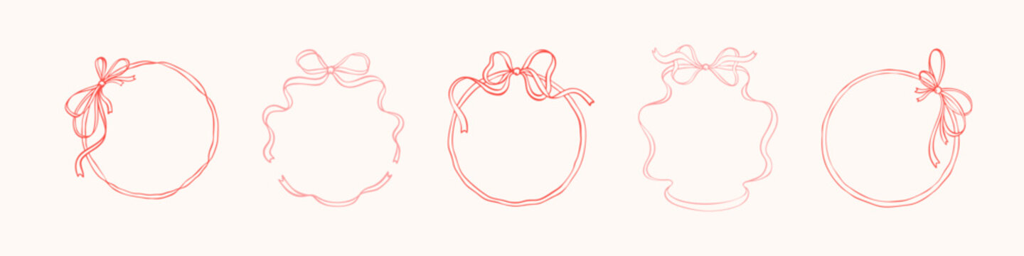 Set of circle bow ribbon borders. Hand drawn coquettish vector illustration. Valentines day, bachelorette, birthday, Christmas, wedding invitation. Italian la dolce vita stile. Minimalist drawing
