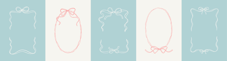 Cute hand drawn filigree bow ribbon frames. Spring pastel background. Gentle elegant wedding, boy and girl baby shower and birthday party invitation doodle design elements. Restaurant menu cover