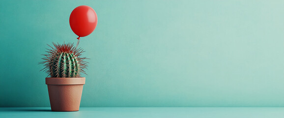 A cactus in a terracotta pot with a red balloon floating above, symbolizing a quirky and playful concept with vibrant color contrast on a minimalistic background.