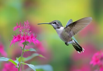 Captivating Hummingbird in Vibrant Garden, Delicately Approaching Pink Flower in Soft Natural Light, Showcasing Beauty of Nature in Blooming Landscape