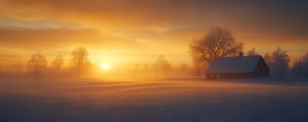 Obraz premium A serene winter sunrise casts golden light over a snow-covered field, with a rustic wooden cabin and leafless trees creating a peaceful atmosphere. 
