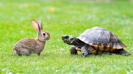 A turtle moving steadily forward while a distracted rabbit pauses, illustrating patience wins the race.