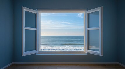Serene View of Ocean Waves from Open Window in Blue Room