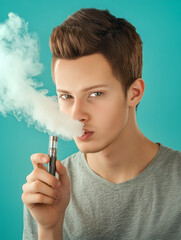 Fototapeta premium Close-up portrait of a young man smoking electronic cigarette, guy holding a vape device in his hand and exhaling white smoke, isolated on blue color background, looking at the camera, person vaping