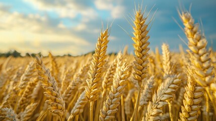 Fototapeta premium Close-up View of Golden Wheat Ears Against a Blue Sky Background