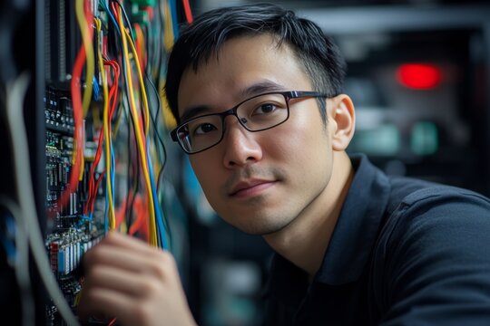 Focused asian technician in network room, managing cables amid high tech equipment and vibrant wires