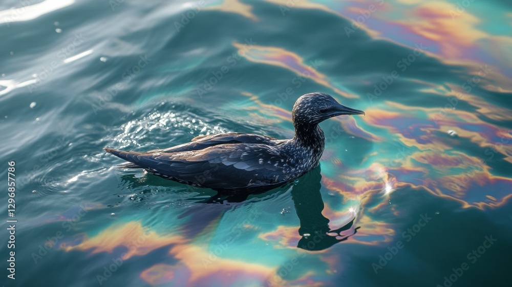 Poster oil spill creates rainbow sheen on ocean while seabird struggles to survive in polluted waters. gene