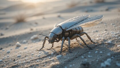 Futuristic Metallic Insect Robot Walking on Desert Sand at Sunset A Sci Fi Bug in a Sunny Landscape
