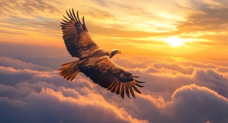 Obraz premium Majestic Eagle Soaring Above Dramatic Sunset Over Layers of Clouds in an Expansive Sky, Capturing Freedom and Natural Beauty