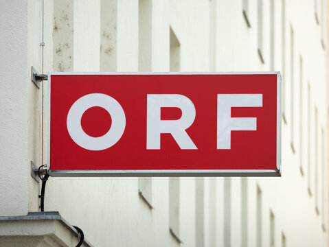 VIENNA, AUSTRIA - 28. July 2024: ORF logo sign of the Austrian broadcast service. Public broadcaster and media production service of news, entertainment and other formats for tv and radio.