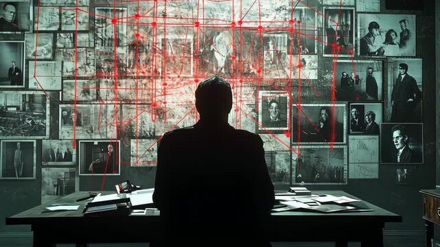 detective's office, investigator's office, investigations, victims and threads of events, silhouette